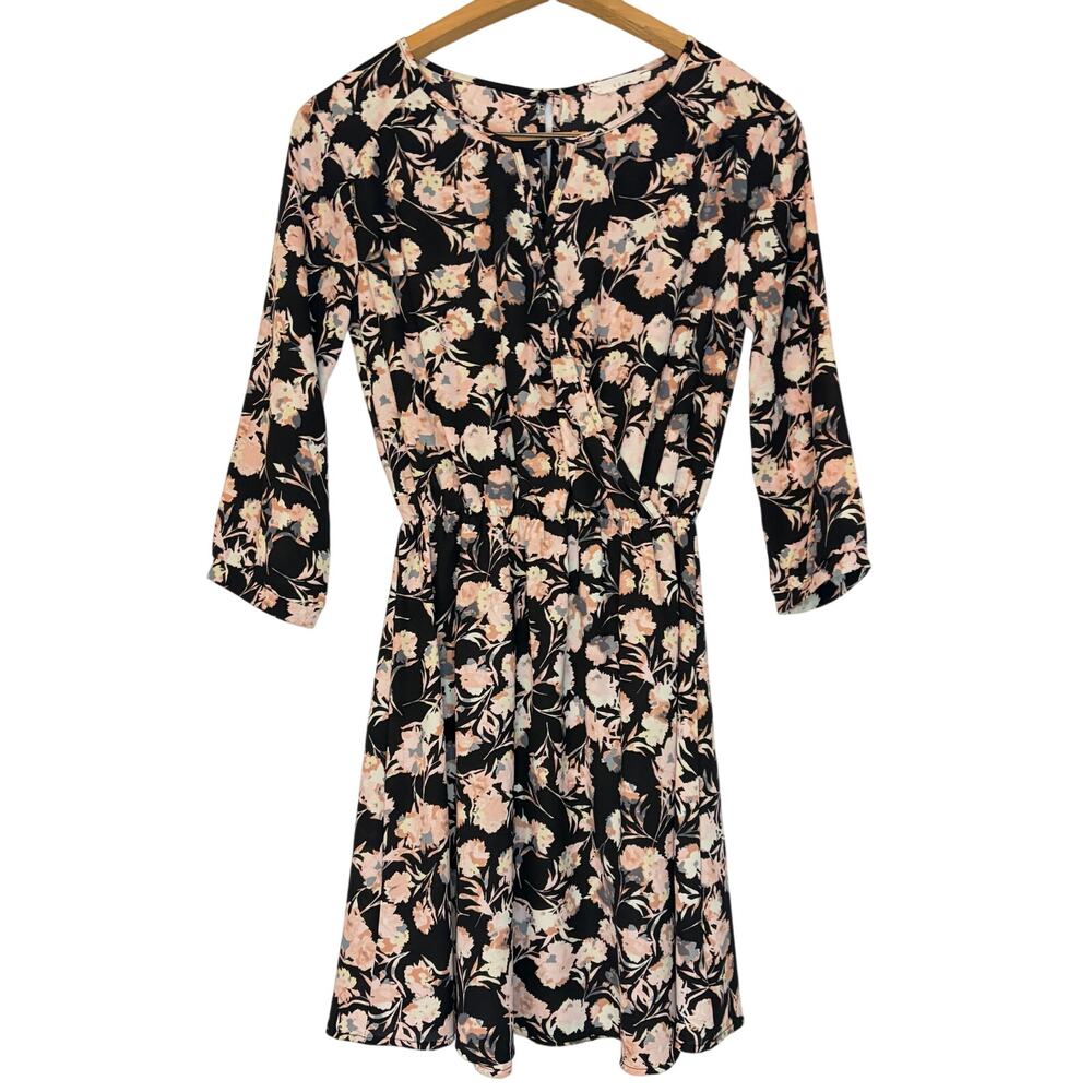 Lush womens black faux wrap mini dress. pink gray floral. 3/4 sleeve. Size XS